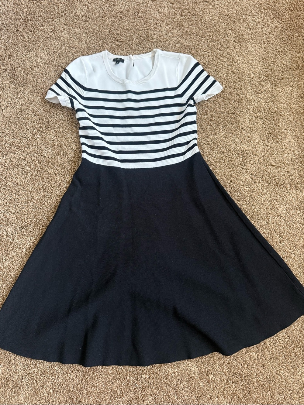 Talbots Black and White Striped Fit-and-Flare Midi Dress